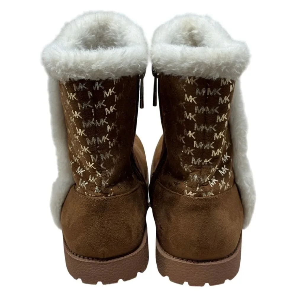 Michael Kors MK Girls Faux Fur Boots Brown Logo Winter Boot Size 1